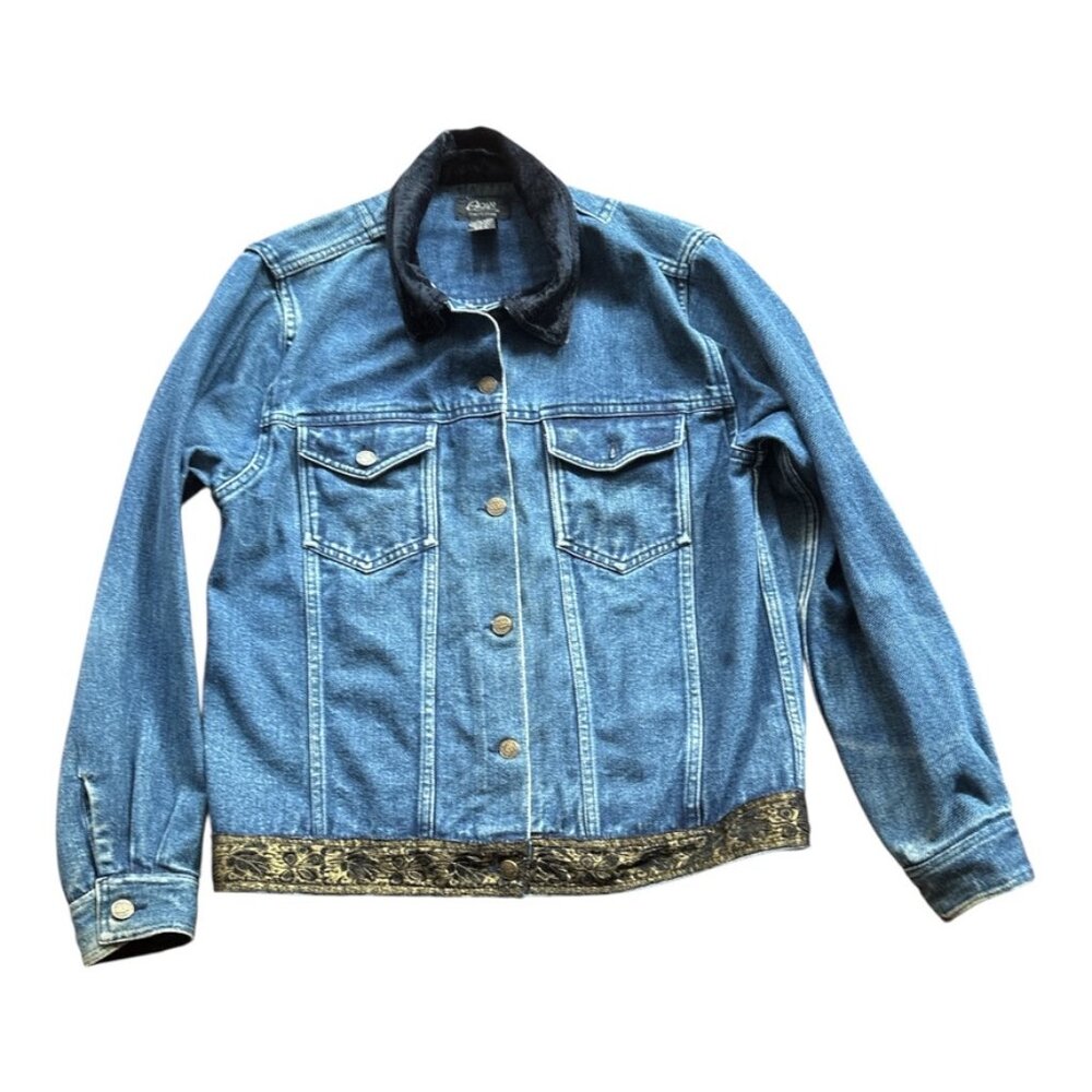 Y2K AGAPO DENIM JACKET FUNKY CHIC WITH RIBBON TRIM GROMMET BUTTONS SIZE M